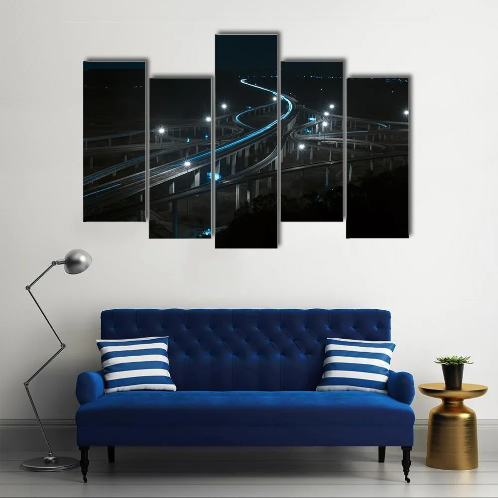 Freeway In Night With Cars Light Canvas Wall Art