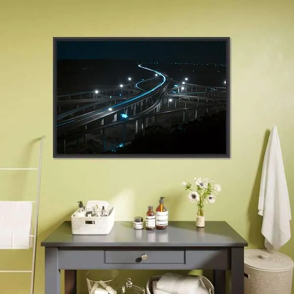 Freeway In Night With Cars Light Canvas Wall Art