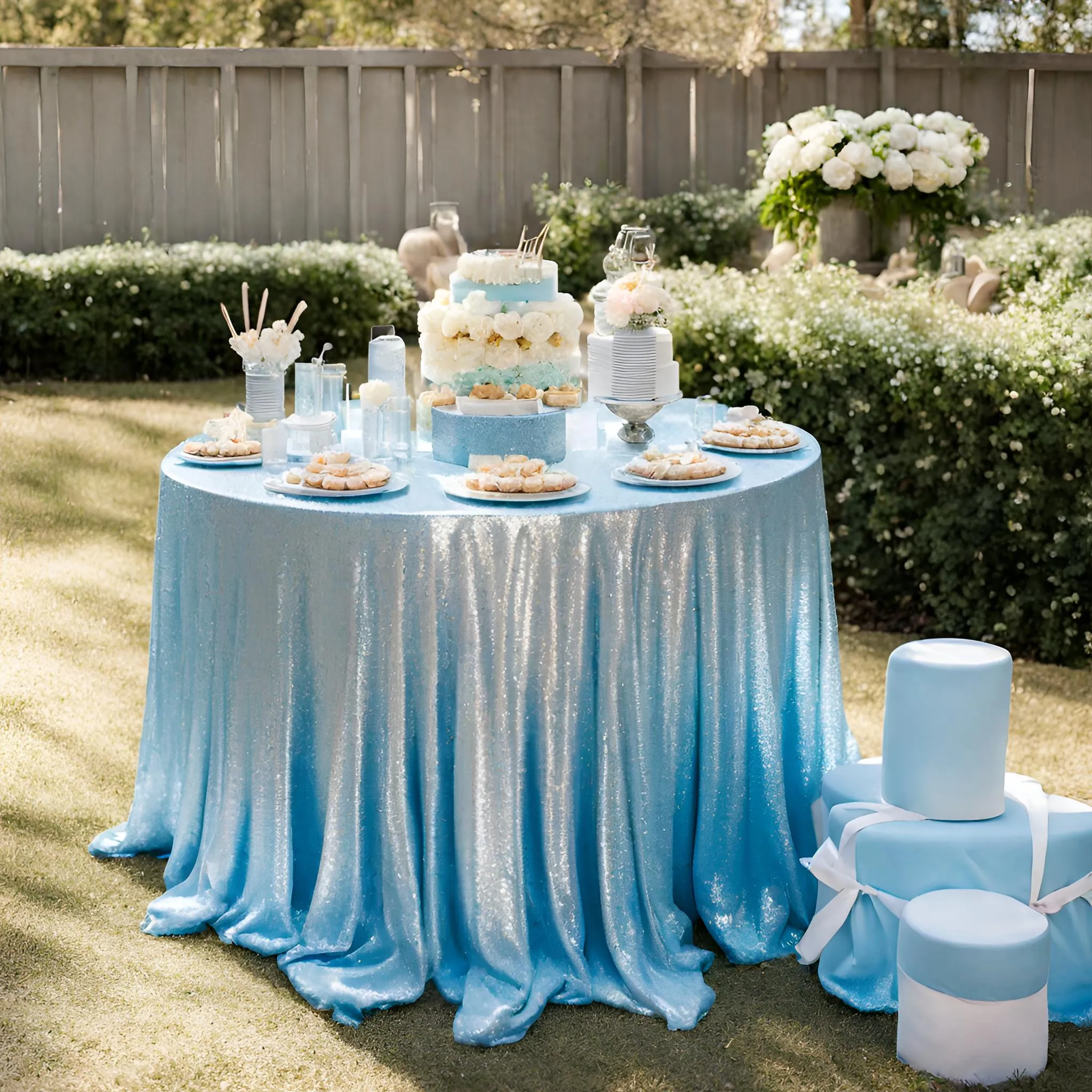 Glitz Sequins 132" Round Tablecloth - Baby Blue