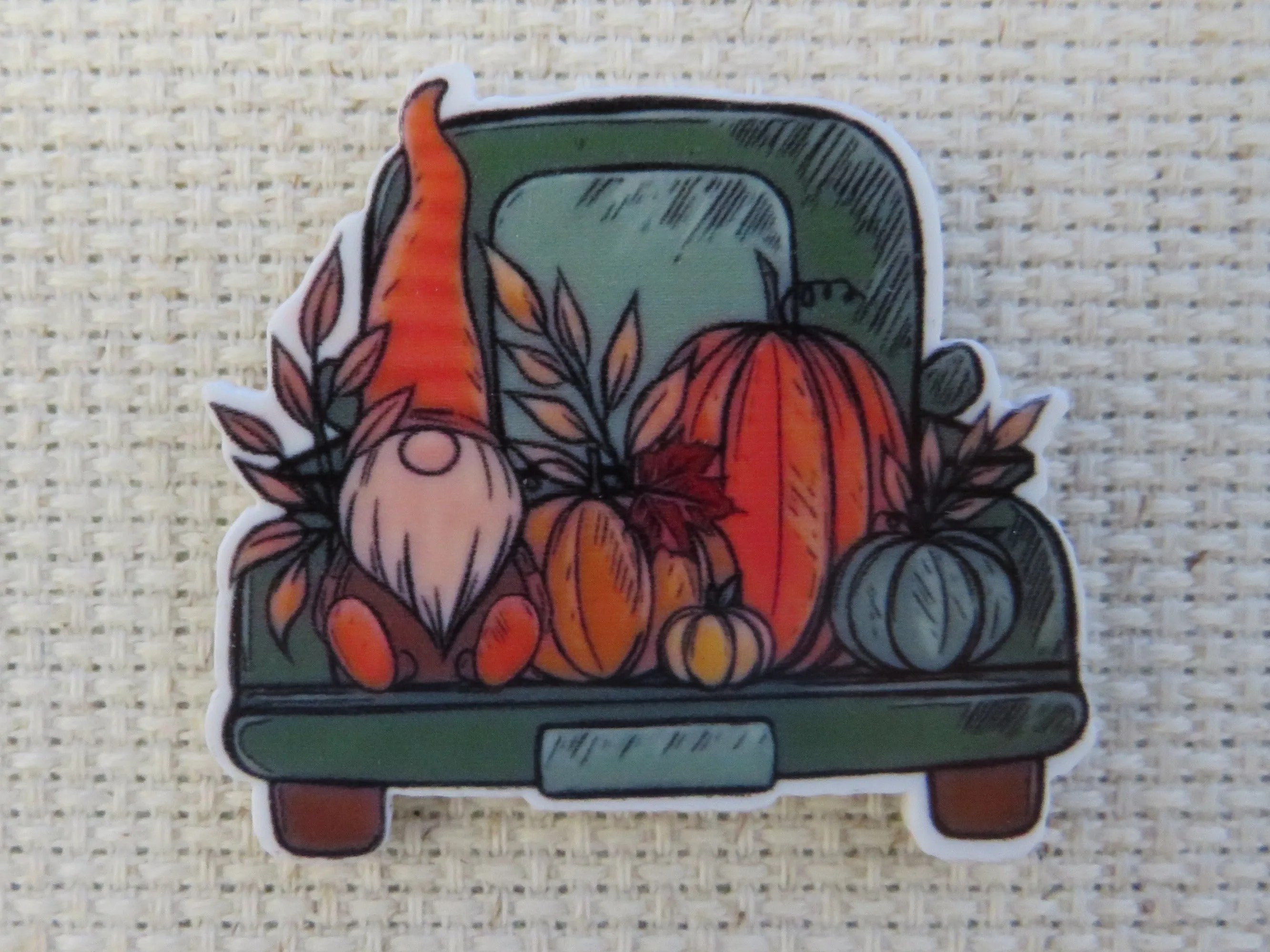 Gnome Sitting in the Back of a Green Truck Needle Minder, Cover Minder, Magnet