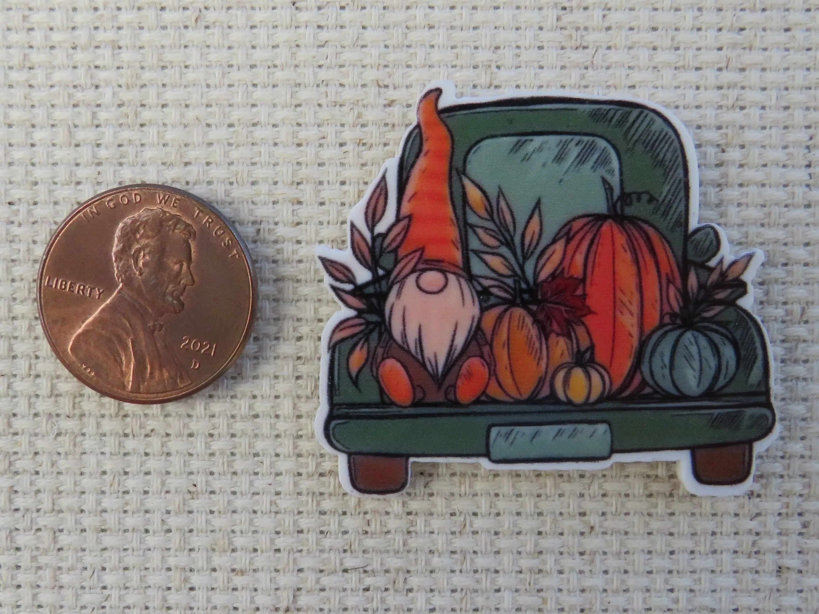 Gnome Sitting in the Back of a Green Truck Needle Minder, Cover Minder, Magnet