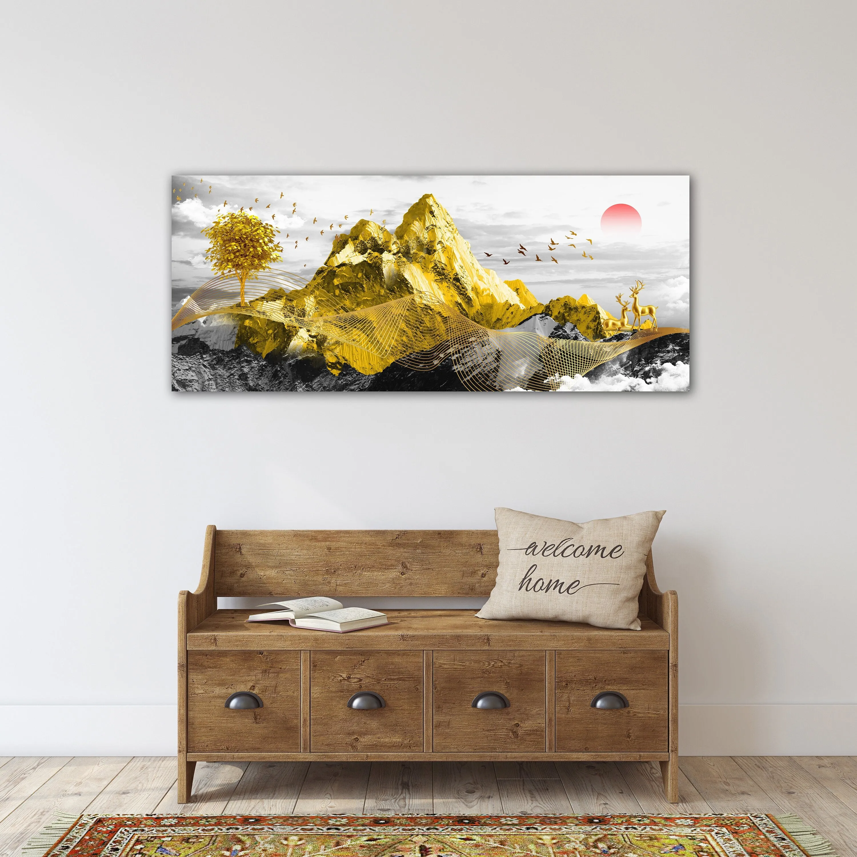 Gold mountains japanese wall art canvas paintings, wall pictures mountains, asian nature wall art, bedroomwall decor, mountain art print