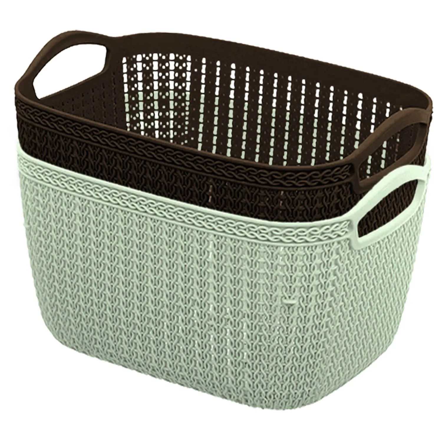 Heart Home Q-5 Multiuses Designer Unbreakable Plastic Storage Basket/Organizer/Bin For Home, Kitchen, Bathroom, Office Use Pack of 2 (Green & Brown)-50HH01641