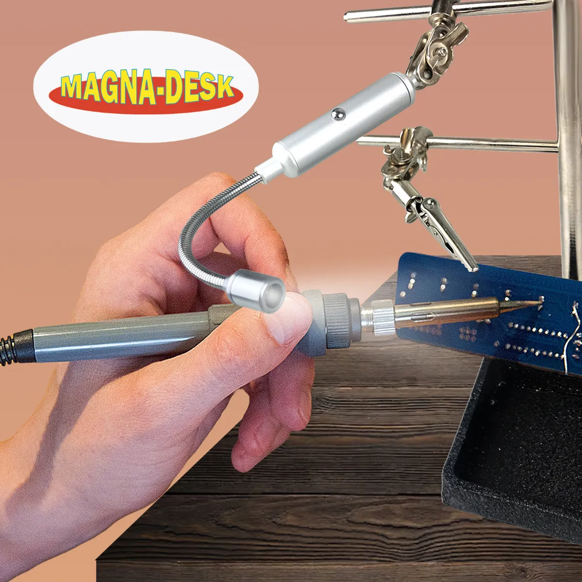 Helping Hand Magnifier, 3.5" Diameter Lens With 3X Power, 2 Alligator Clips And LED Light  - MG-88951