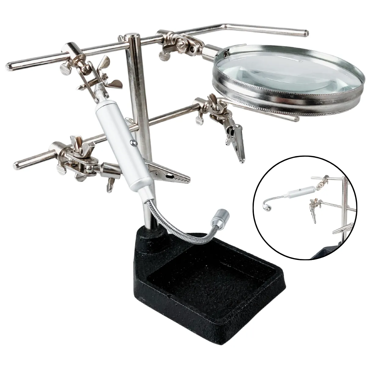 Helping Hand Magnifier, 3.5" Diameter Lens With 3X Power, 2 Alligator Clips And LED Light  - MG-88951