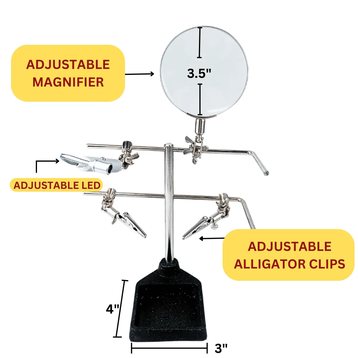 Helping Hand Magnifier, 3.5" Diameter Lens With 3X Power, 2 Alligator Clips And LED Light  - MG-88951