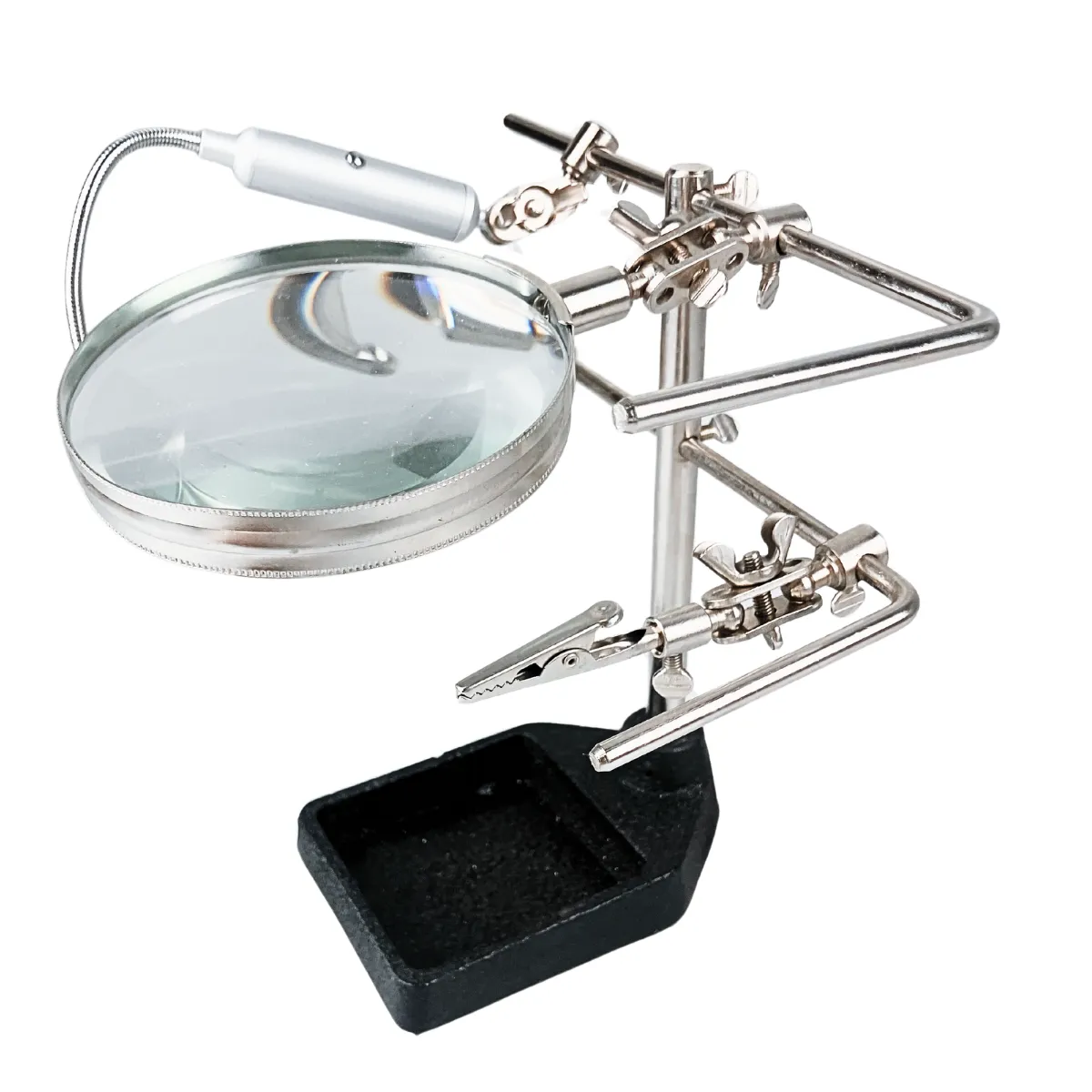 Helping Hand Magnifier, 3.5" Diameter Lens With 3X Power, 2 Alligator Clips And LED Light  - MG-88951