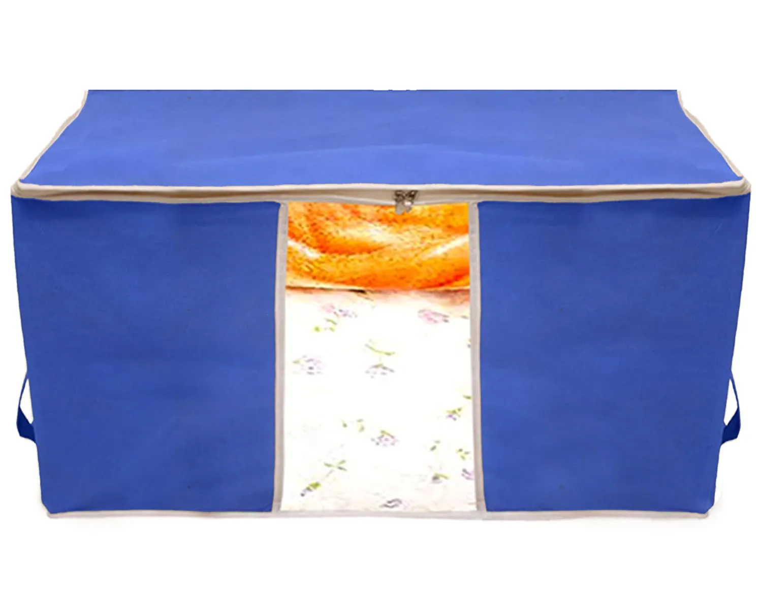 Kuber Industries Foldable Non Woven Clothes Storage Bag Wardrobe Organizer Underbed Bag With Tranasparent Window- Pack of 3 (Blue)-HS43KUBMART26723