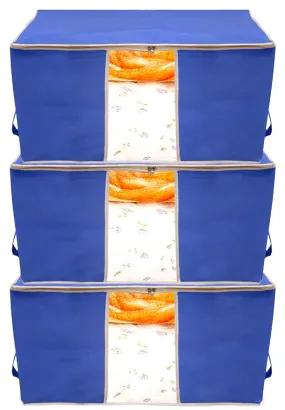 Kuber Industries Foldable Non Woven Clothes Storage Bag Wardrobe Organizer Underbed Bag With Tranasparent Window- Pack of 3 (Blue)-HS43KUBMART26723