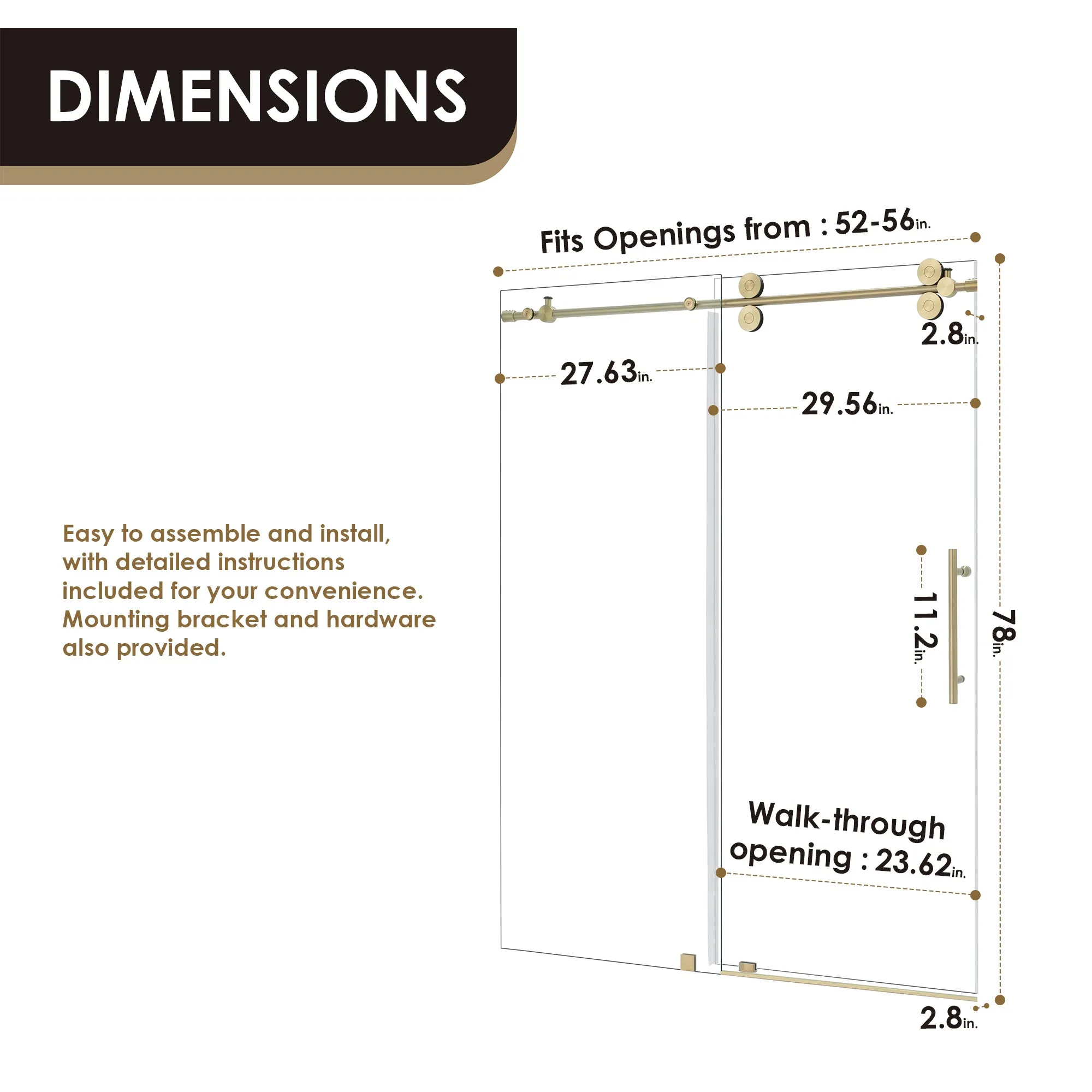 Lazaro 56" W x 78" H Single Sliding Frameless Shower Door with Clear Glass