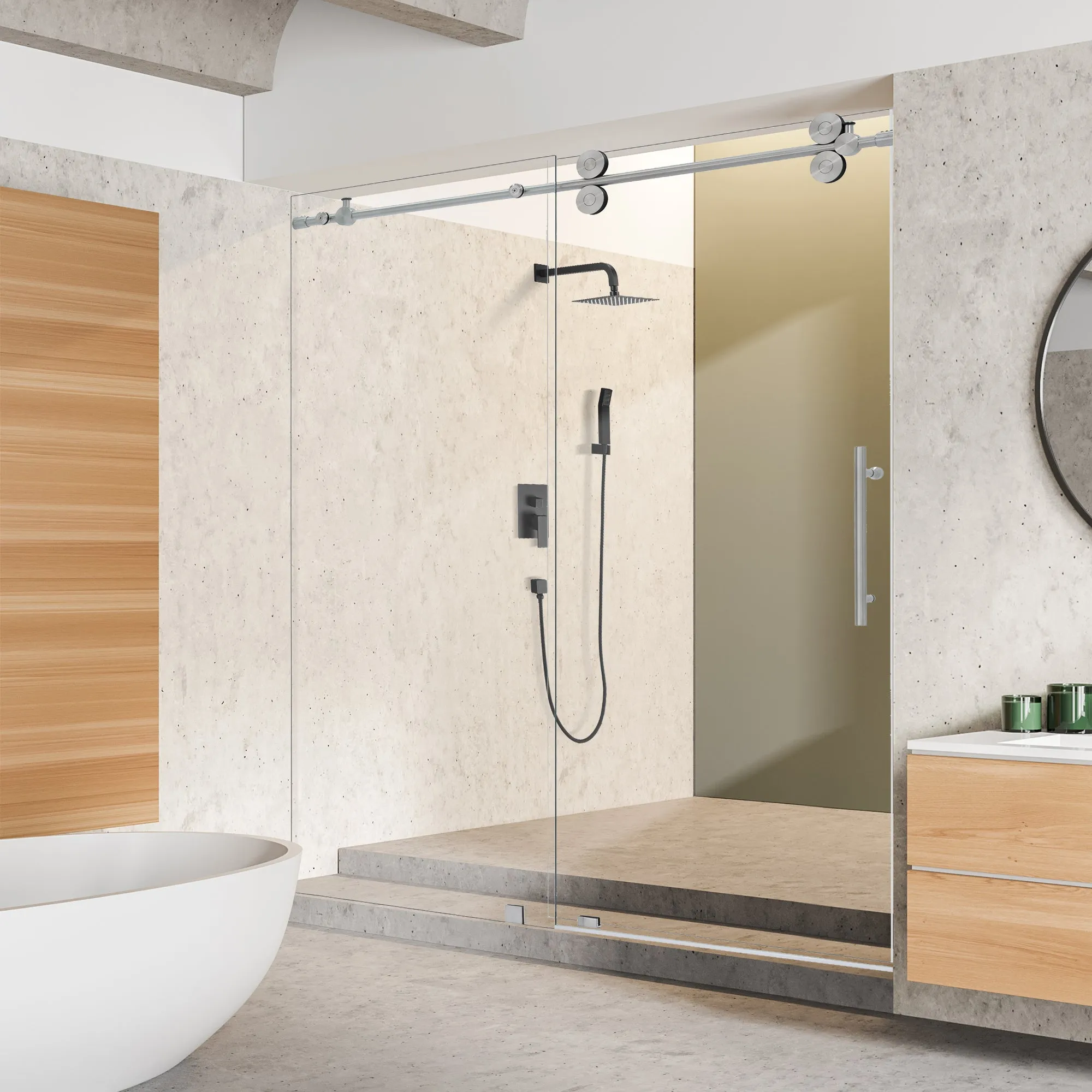 Lazaro 60" W x 78" H Single Sliding Frameless Shower Door with Clear Glass