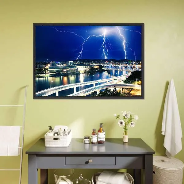 Lightning Strikes Over River Canvas Wall Art