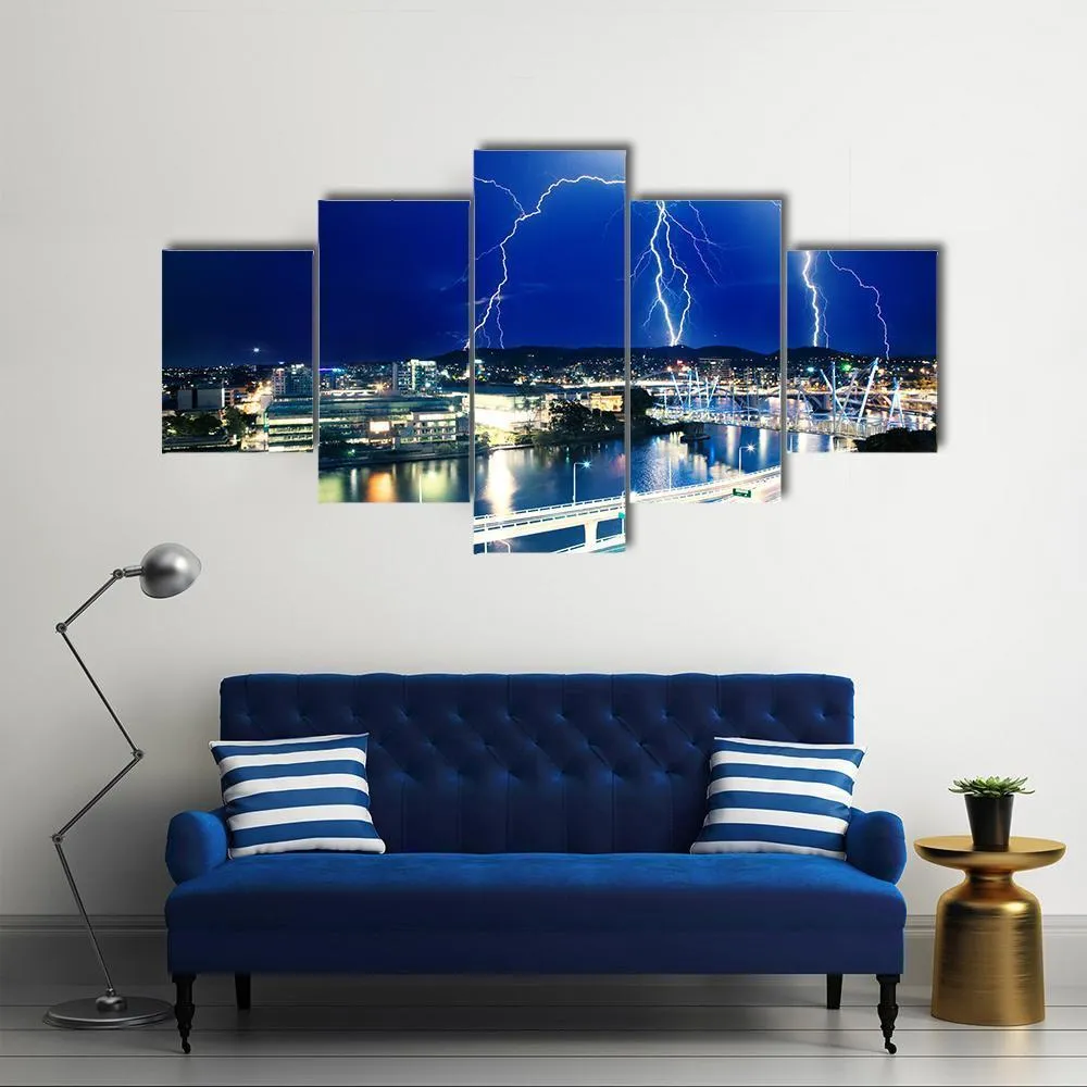 Lightning Strikes Over River Canvas Wall Art