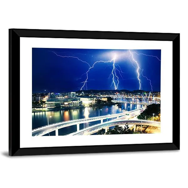 Lightning Strikes Over River Canvas Wall Art