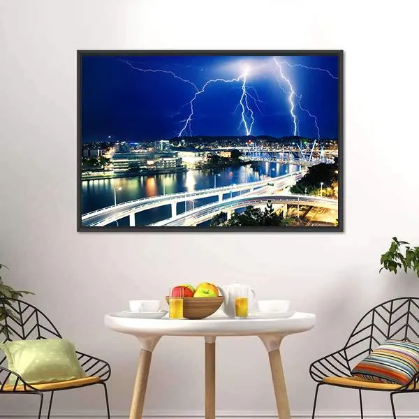 Lightning Strikes Over River Canvas Wall Art