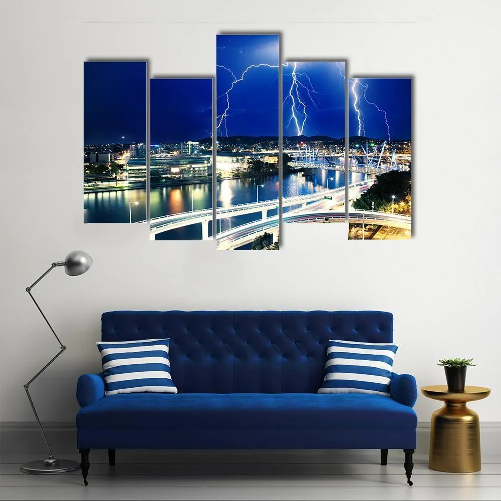 Lightning Strikes Over River Canvas Wall Art