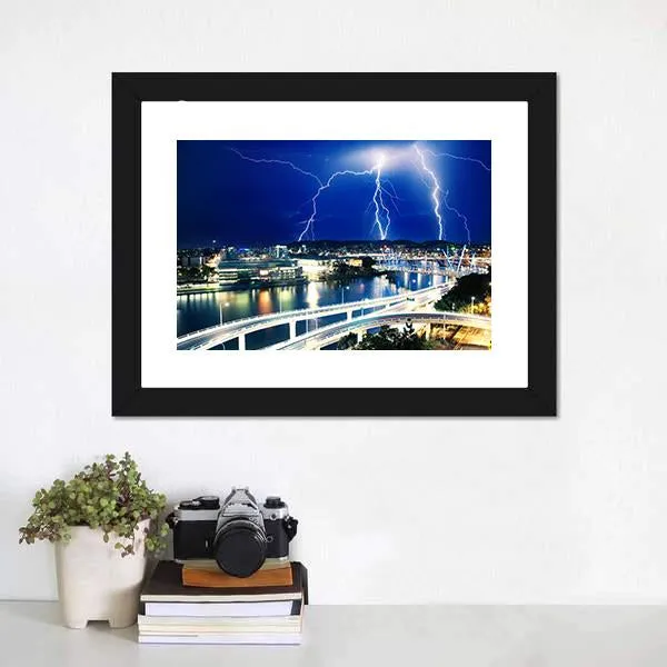 Lightning Strikes Over River Canvas Wall Art