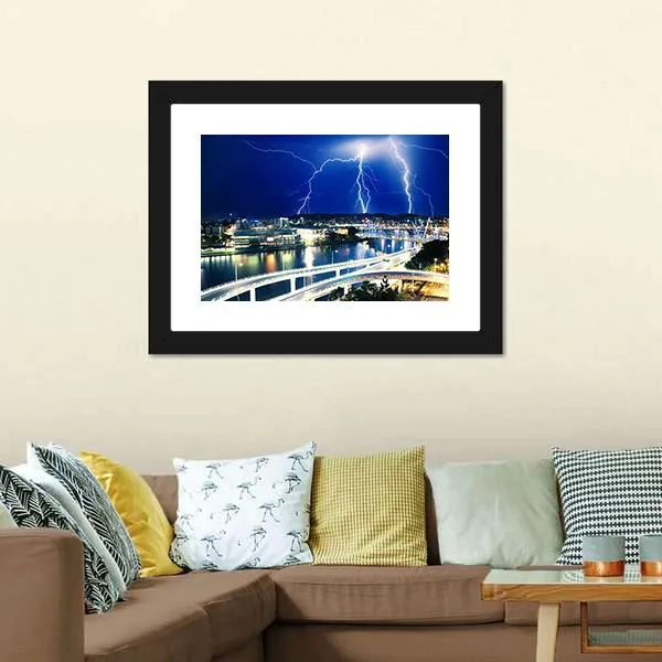 Lightning Strikes Over River Canvas Wall Art