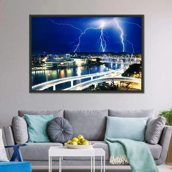 Lightning Strikes Over River Canvas Wall Art