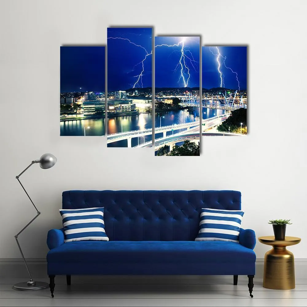 Lightning Strikes Over River Canvas Wall Art