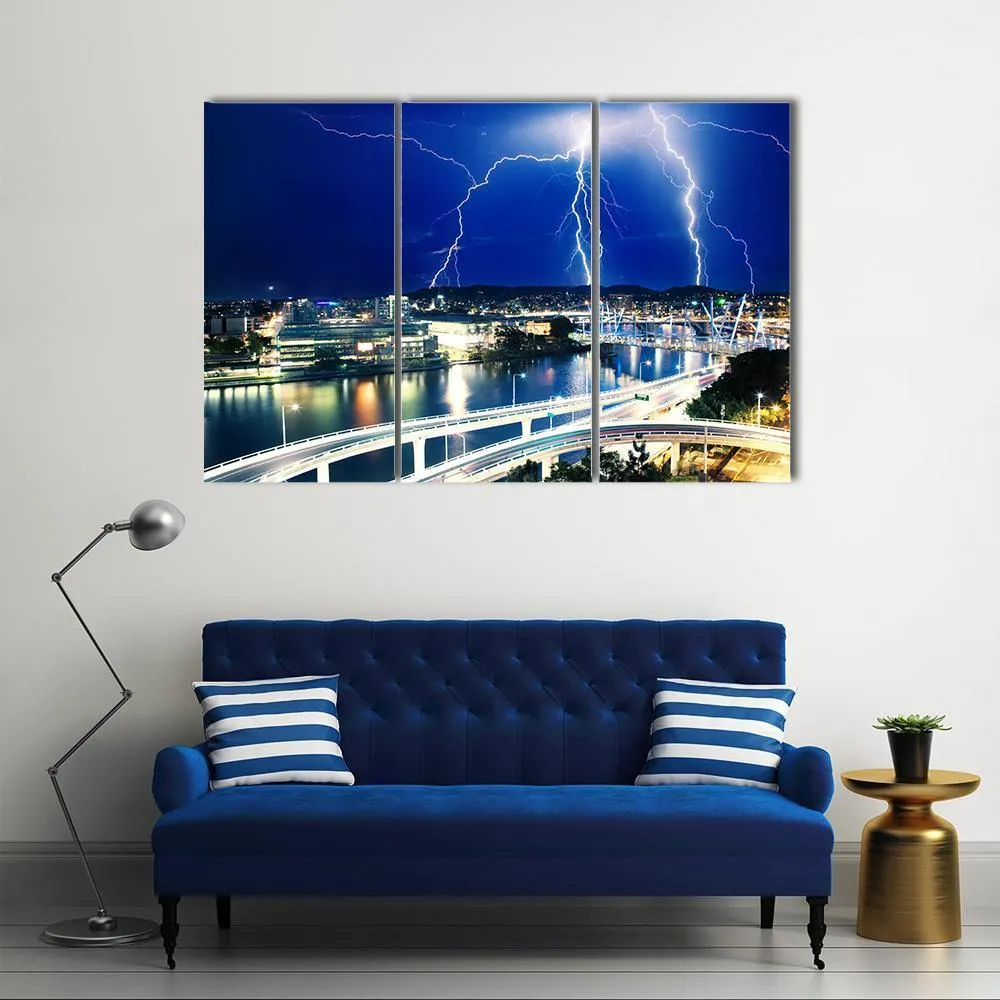 Lightning Strikes Over River Canvas Wall Art