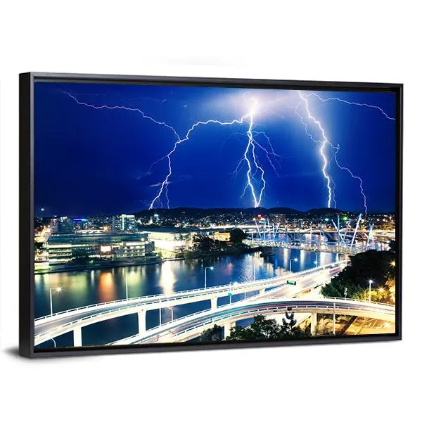 Lightning Strikes Over River Canvas Wall Art