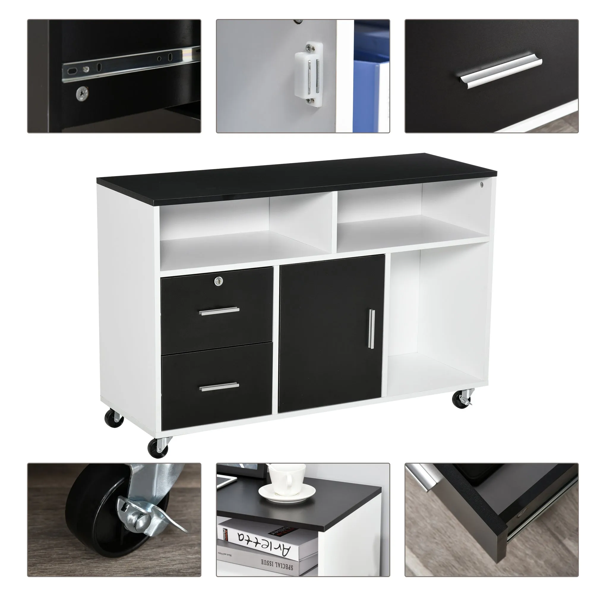 Mobile File Cabinet with Open Shelves & Lockable Drawer - 100cm x 35cm x 65cm, Black