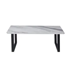 Modern White Marble-Look Coffee Table with Black Metal Legs