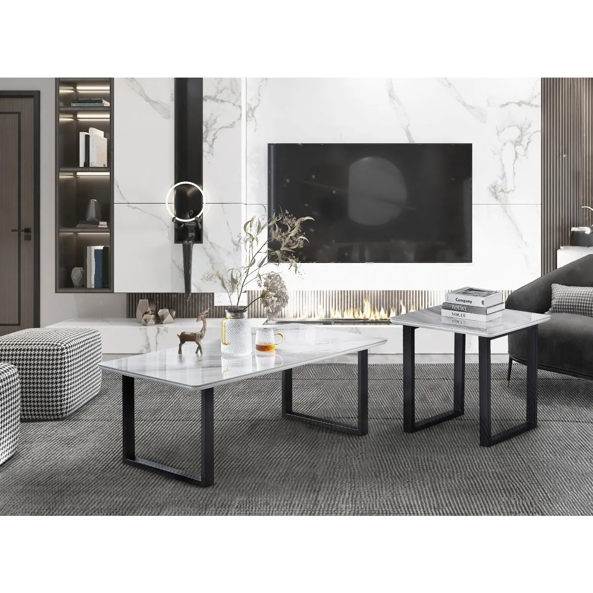 Modern White Marble-Look Coffee Table with Black Metal Legs