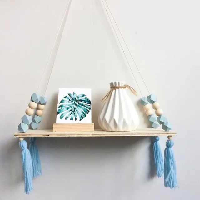 Nordic Style Wooden Bead Tassels Storage Rack Wall Rope Hanging Shelf For Decor Of Bedroom Living Room Kitchen Office New