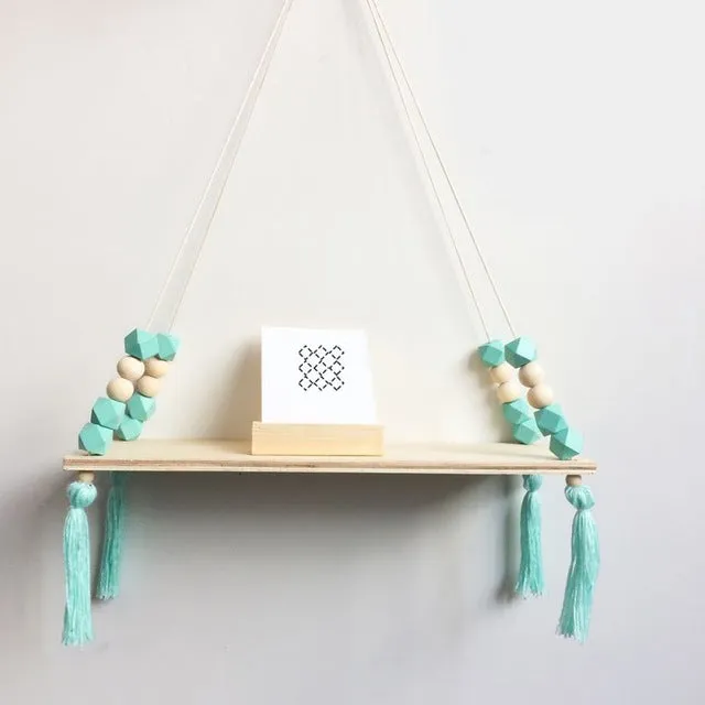 Nordic Style Wooden Bead Tassels Storage Rack Wall Rope Hanging Shelf For Decor Of Bedroom Living Room Kitchen Office New