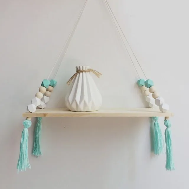 Nordic Style Wooden Bead Tassels Storage Rack Wall Rope Hanging Shelf For Decor Of Bedroom Living Room Kitchen Office New