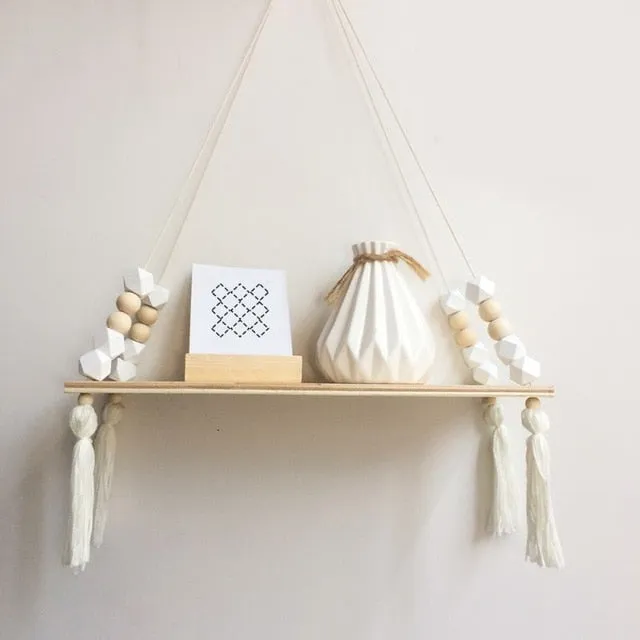 Nordic Style Wooden Bead Tassels Storage Rack Wall Rope Hanging Shelf For Decor Of Bedroom Living Room Kitchen Office New