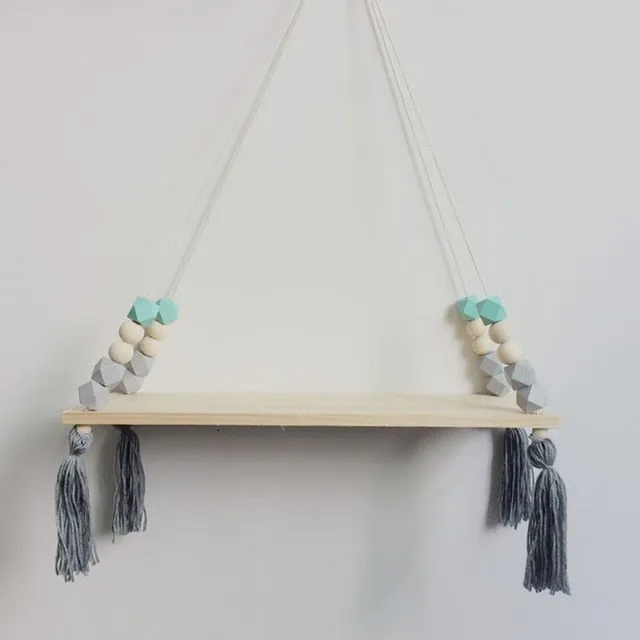 Nordic Style Wooden Bead Tassels Storage Rack Wall Rope Hanging Shelf For Decor Of Bedroom Living Room Kitchen Office New