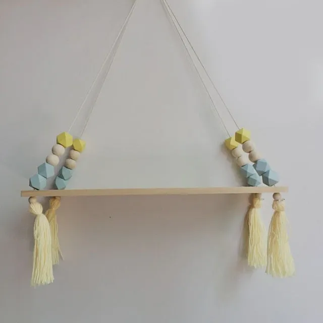 Nordic Style Wooden Bead Tassels Storage Rack Wall Rope Hanging Shelf For Decor Of Bedroom Living Room Kitchen Office New