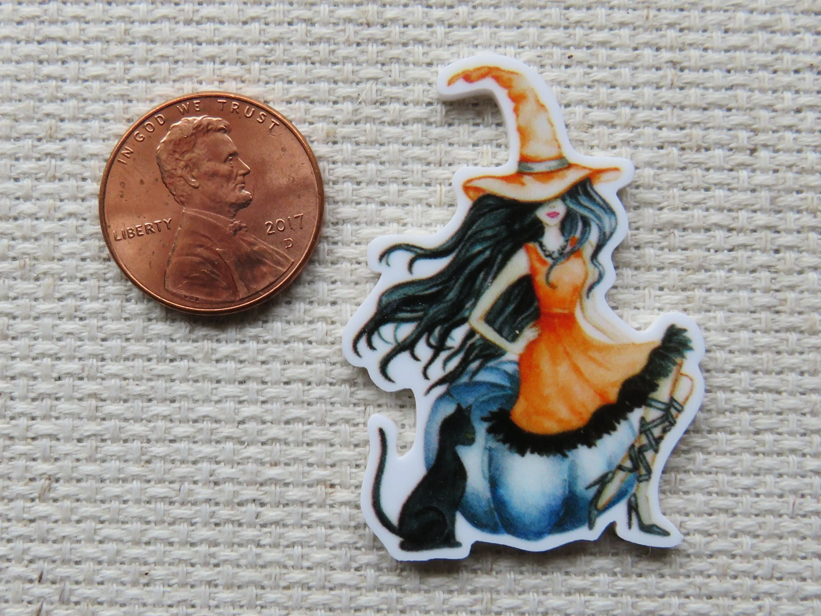 Orange Witch with a Black Cat Needle Minder, Cover Minder, Magnet