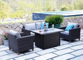 Patio Sofa Sets 5 Pcs with Fire Pit Table, PE Rattan Wicker Patio Furniture Sectional Sofa with Thick Cushions for Yard Garden Porch