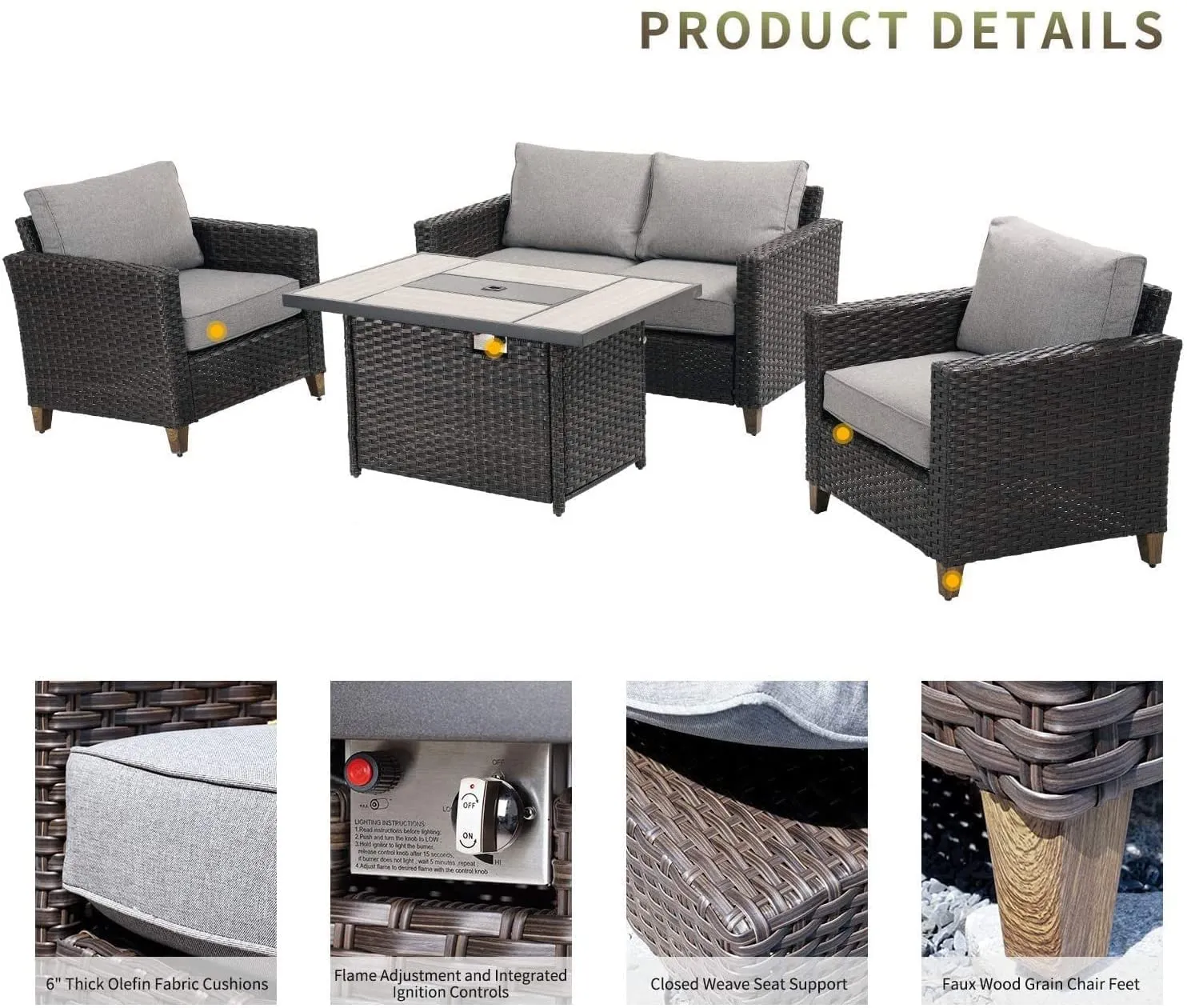 Patio Sofa Sets 5 Pcs with Fire Pit Table, PE Rattan Wicker Patio Furniture Sectional Sofa with Thick Cushions for Yard Garden Porch