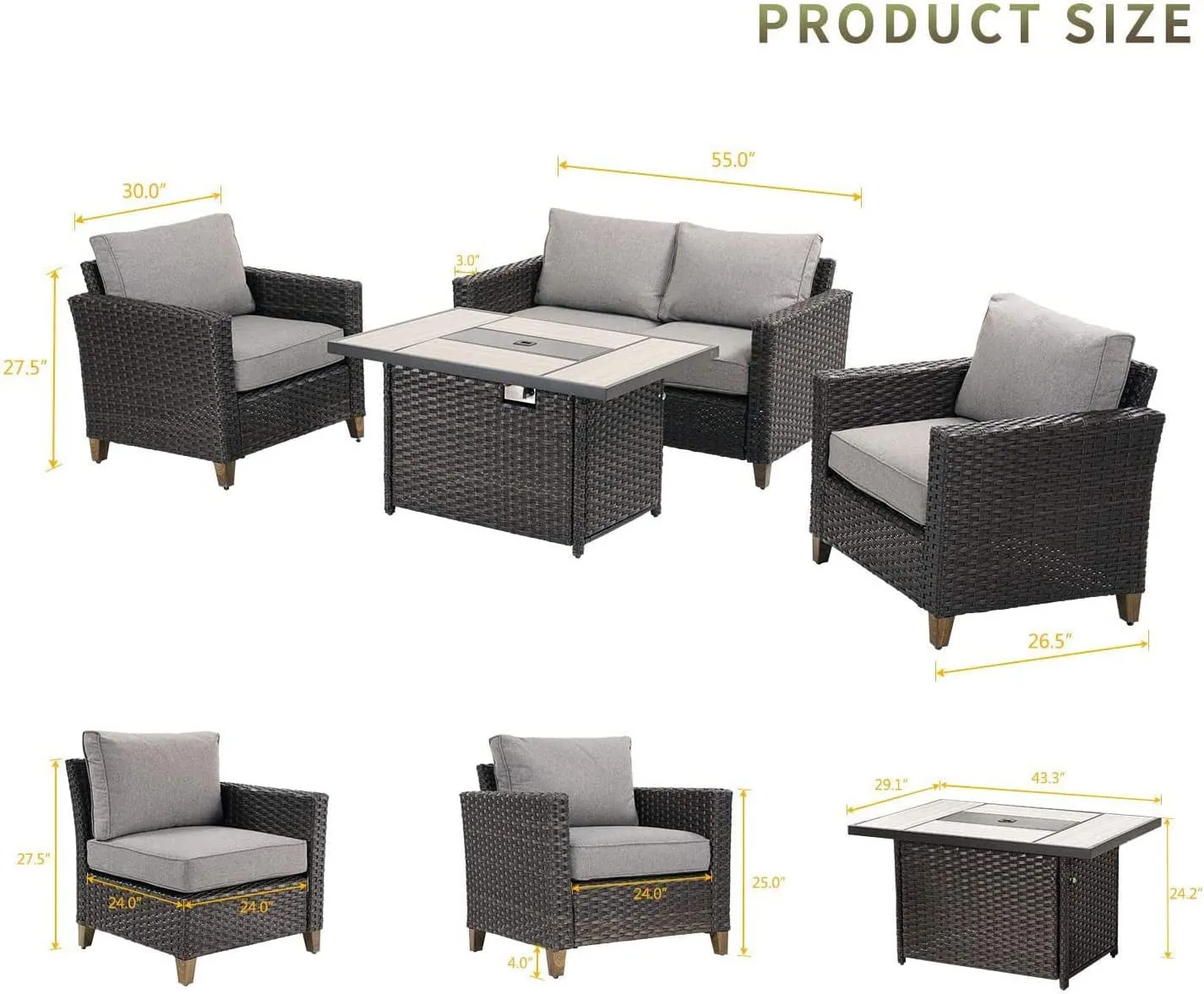 Patio Sofa Sets 5 Pcs with Fire Pit Table, PE Rattan Wicker Patio Furniture Sectional Sofa with Thick Cushions for Yard Garden Porch