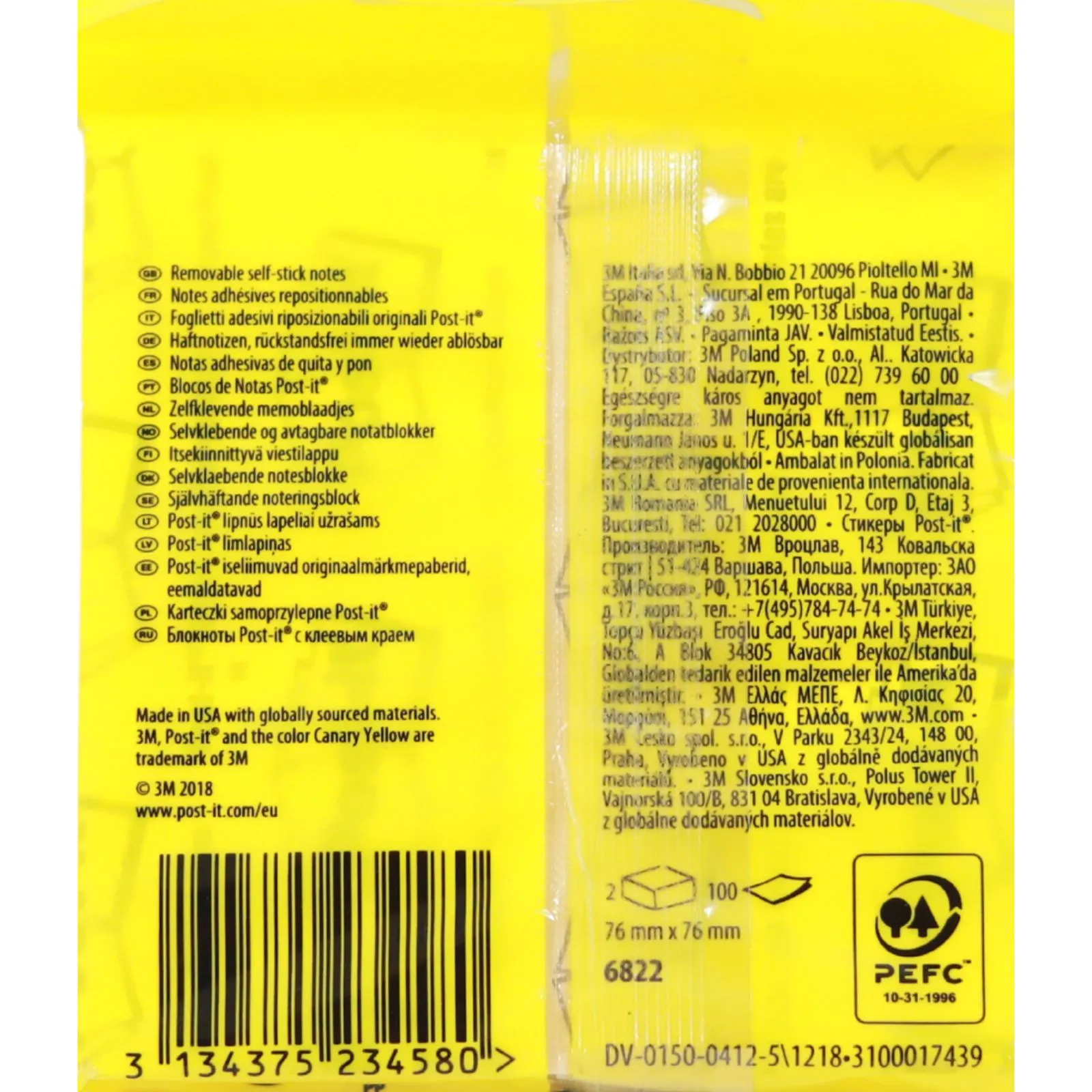 Post-it - Notes - Canary Yellow - 76mm x 76mm - 100 sheets - Pack of 2