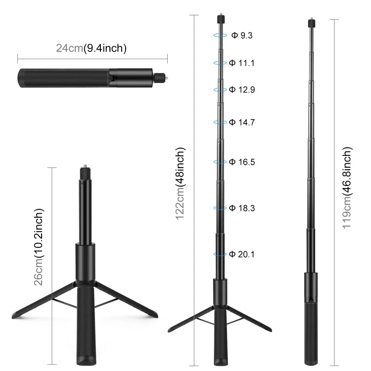 PULUZ 1.22m Retractable Invisible Selfie Stick with Tripod For Insta360 X4 / X3 (Black)