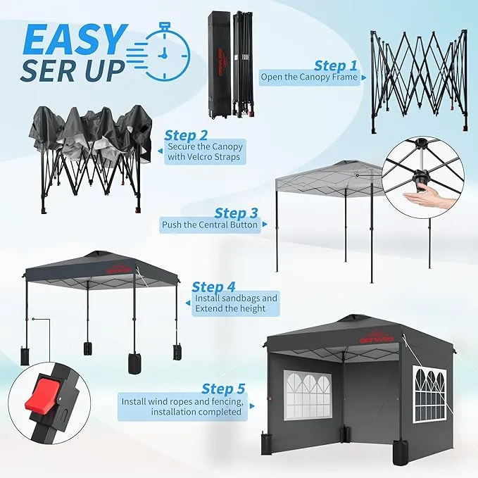 SANNWSG 10x10FT Pop Up Canopy with Sidewalls, Easy Up Canopy Tent, Heavy Duty Tents for Parties, One Person Set Up Event Tent, Grey