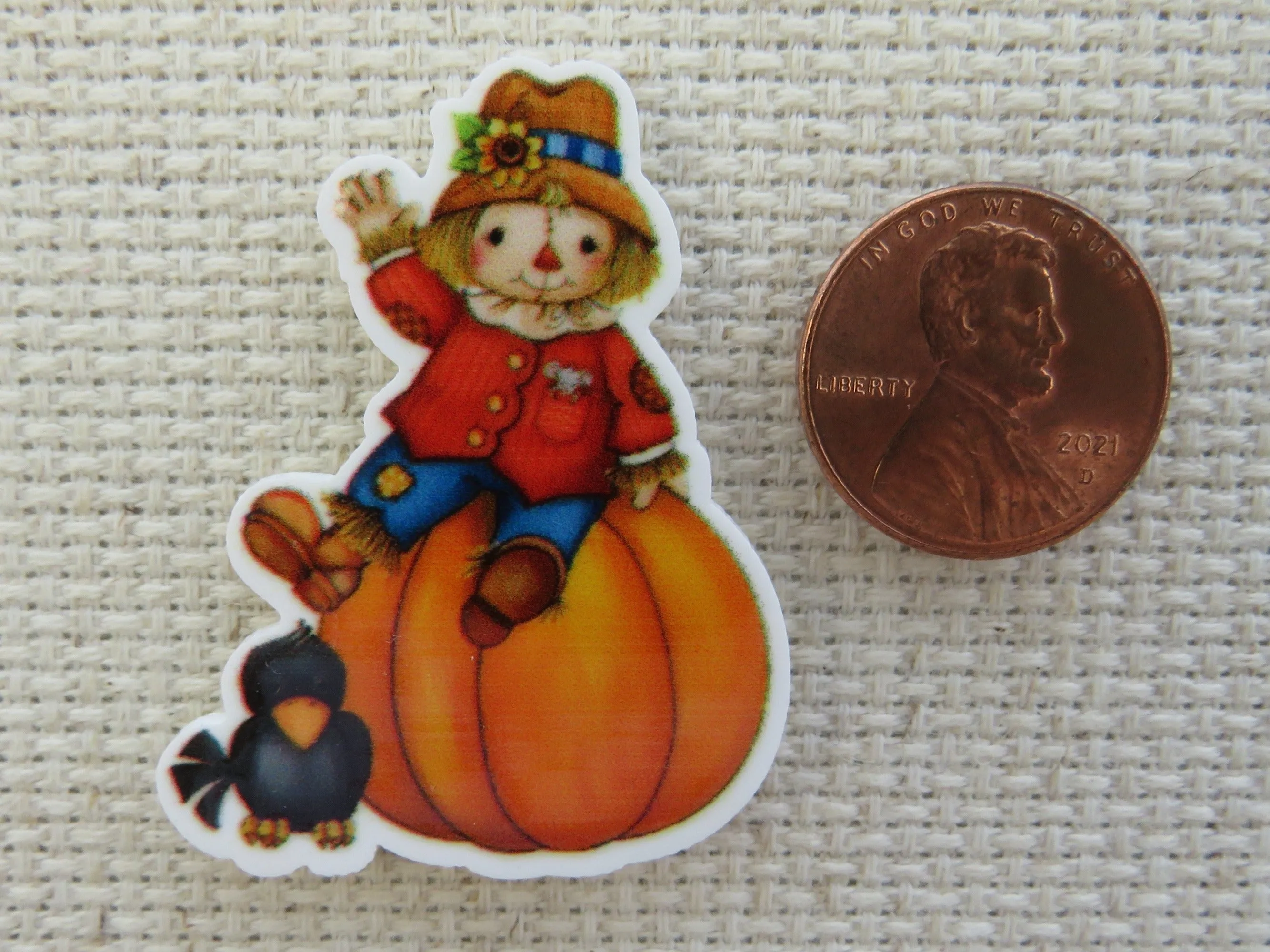 Scarecrow Sitting on Top of a Pumpkin with a Crow Friend Needle Minder, Cover Minder, Magnet