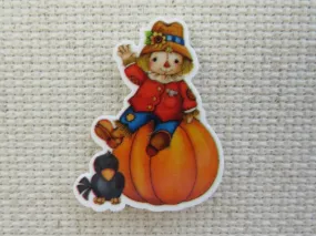 Scarecrow Sitting on Top of a Pumpkin with a Crow Friend Needle Minder, Cover Minder, Magnet