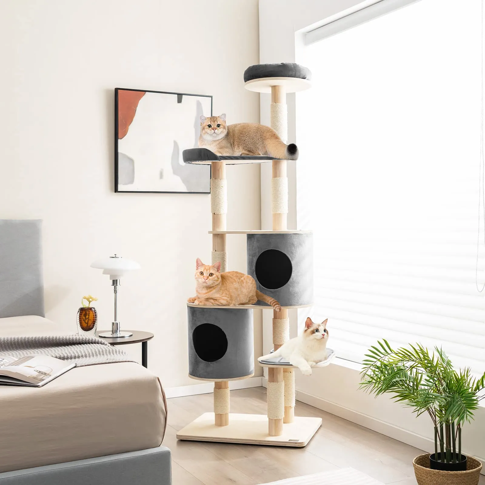 Tangkula 75 Inch Tall Cat Tree for Indoor Cats, Natural Solid Rubber Wood Cat Tower with Sisal Scratching Posts