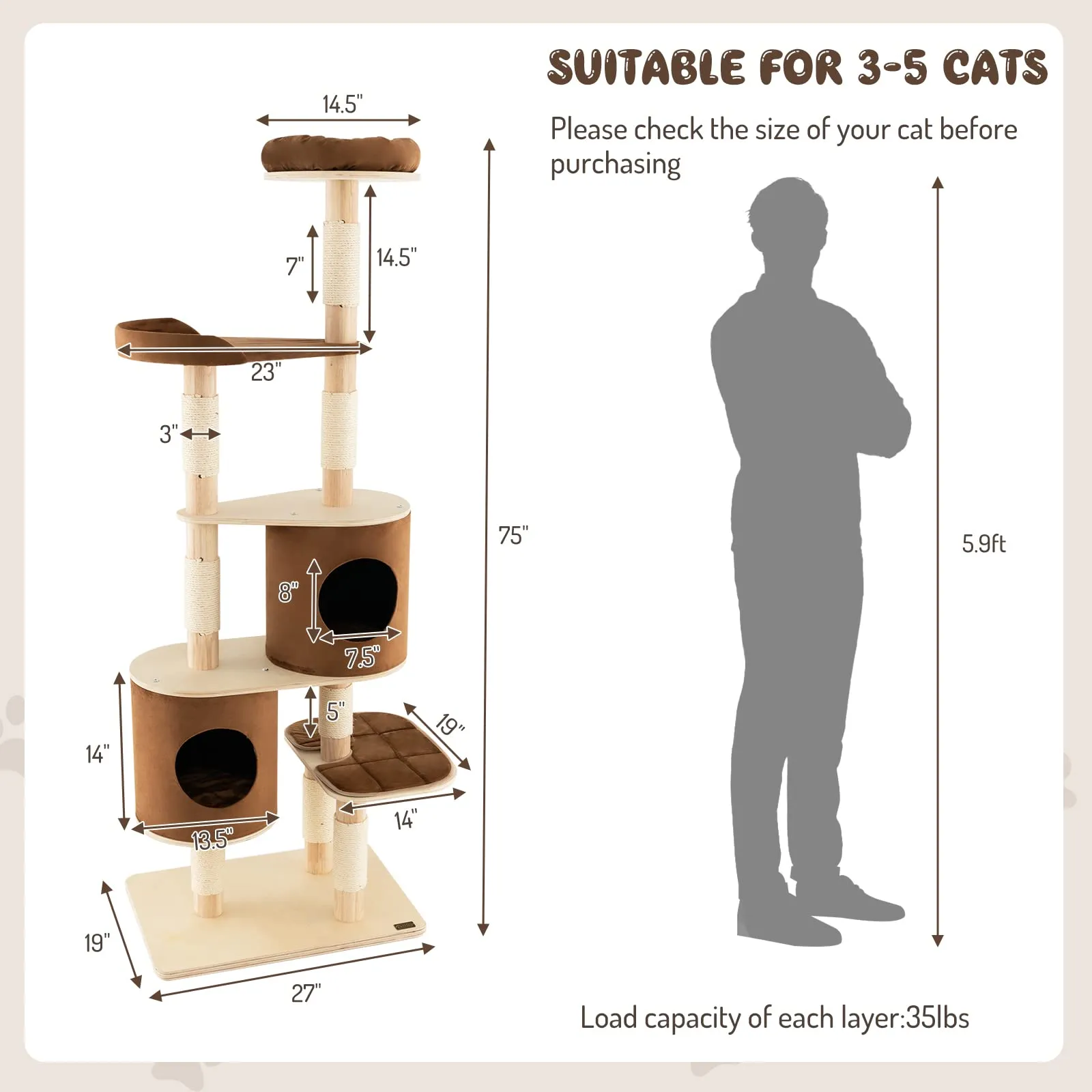 Tangkula 75 Inch Tall Cat Tree for Indoor Cats, Natural Solid Rubber Wood Cat Tower with Sisal Scratching Posts