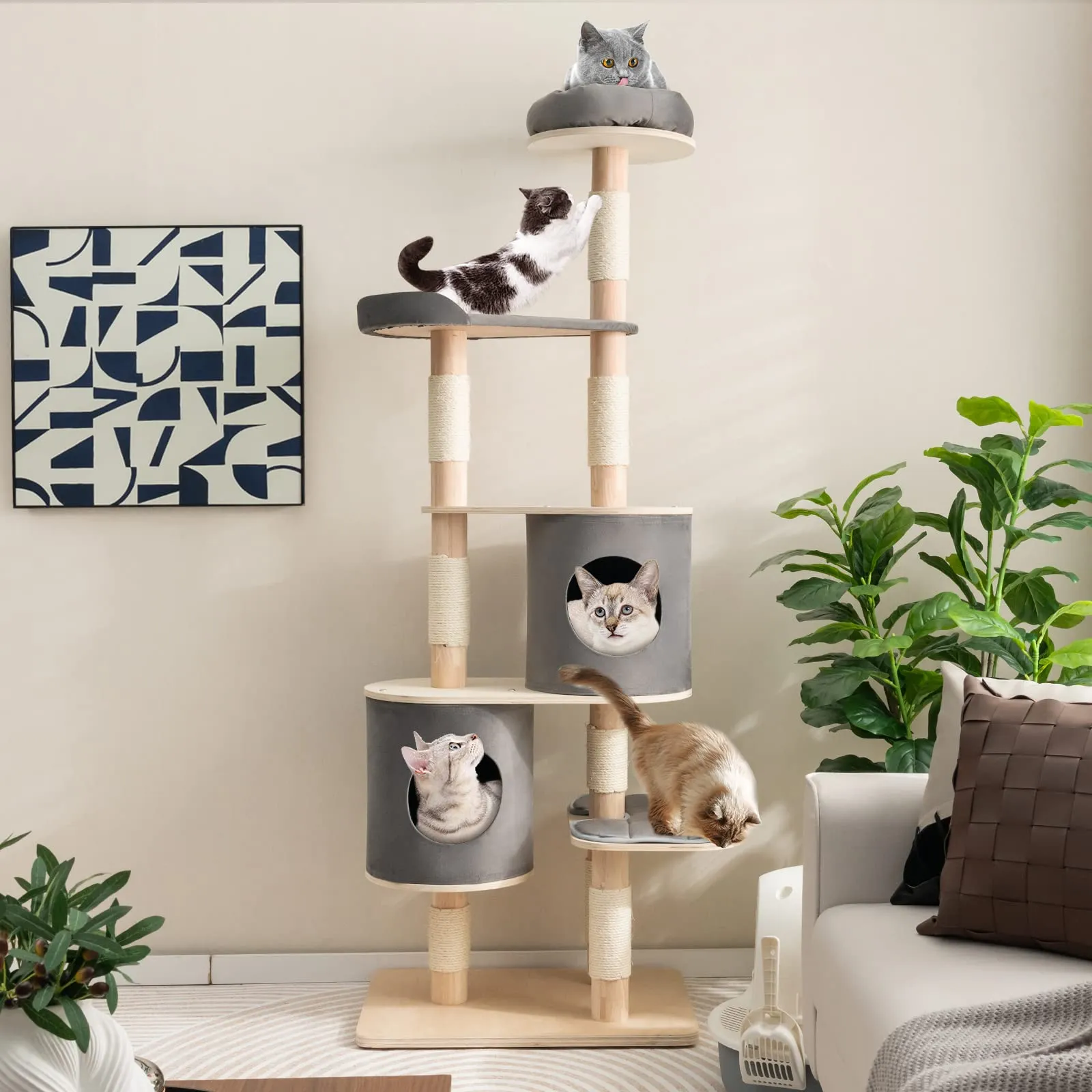 Tangkula 75 Inch Tall Cat Tree for Indoor Cats, Natural Solid Rubber Wood Cat Tower with Sisal Scratching Posts