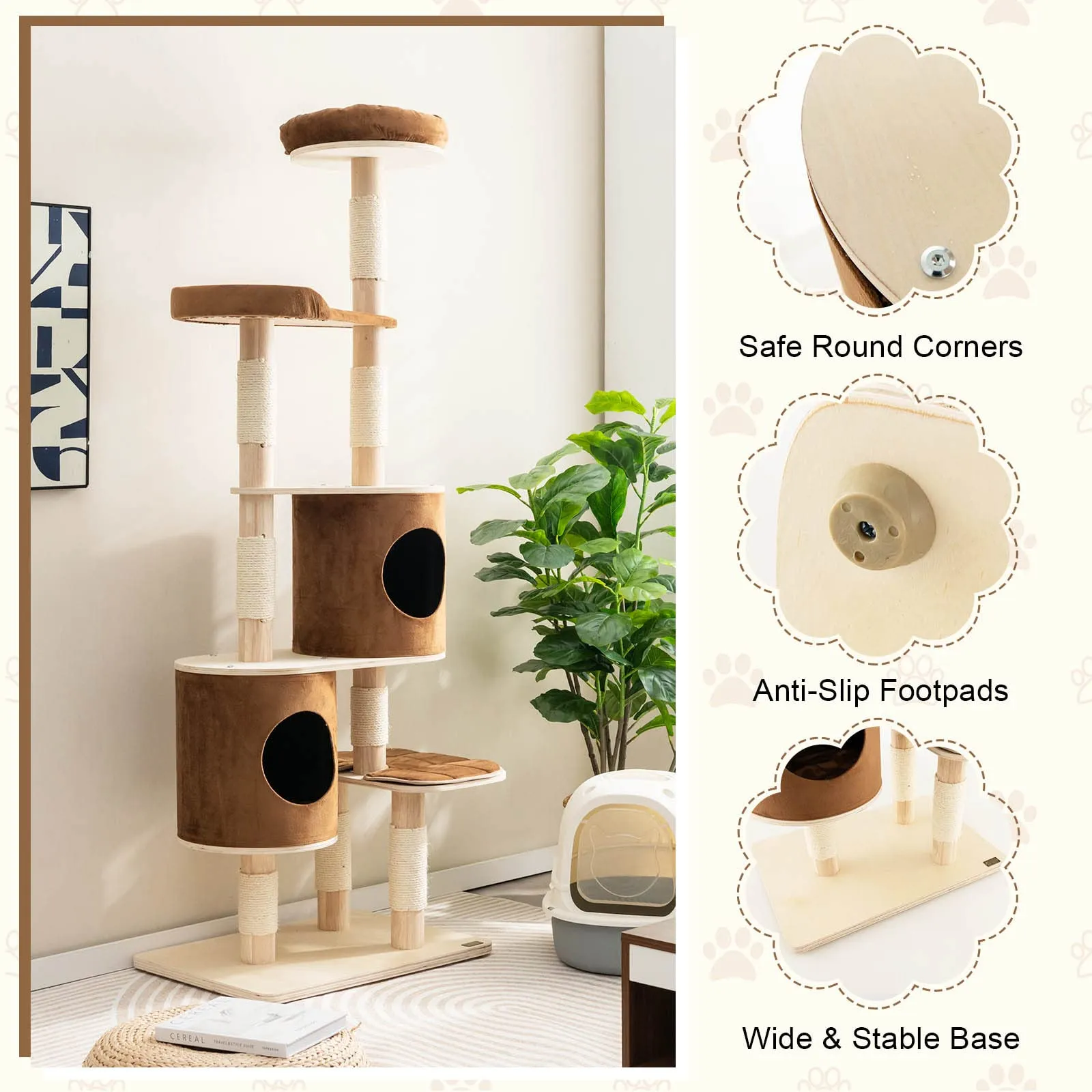 Tangkula 75 Inch Tall Cat Tree for Indoor Cats, Natural Solid Rubber Wood Cat Tower with Sisal Scratching Posts