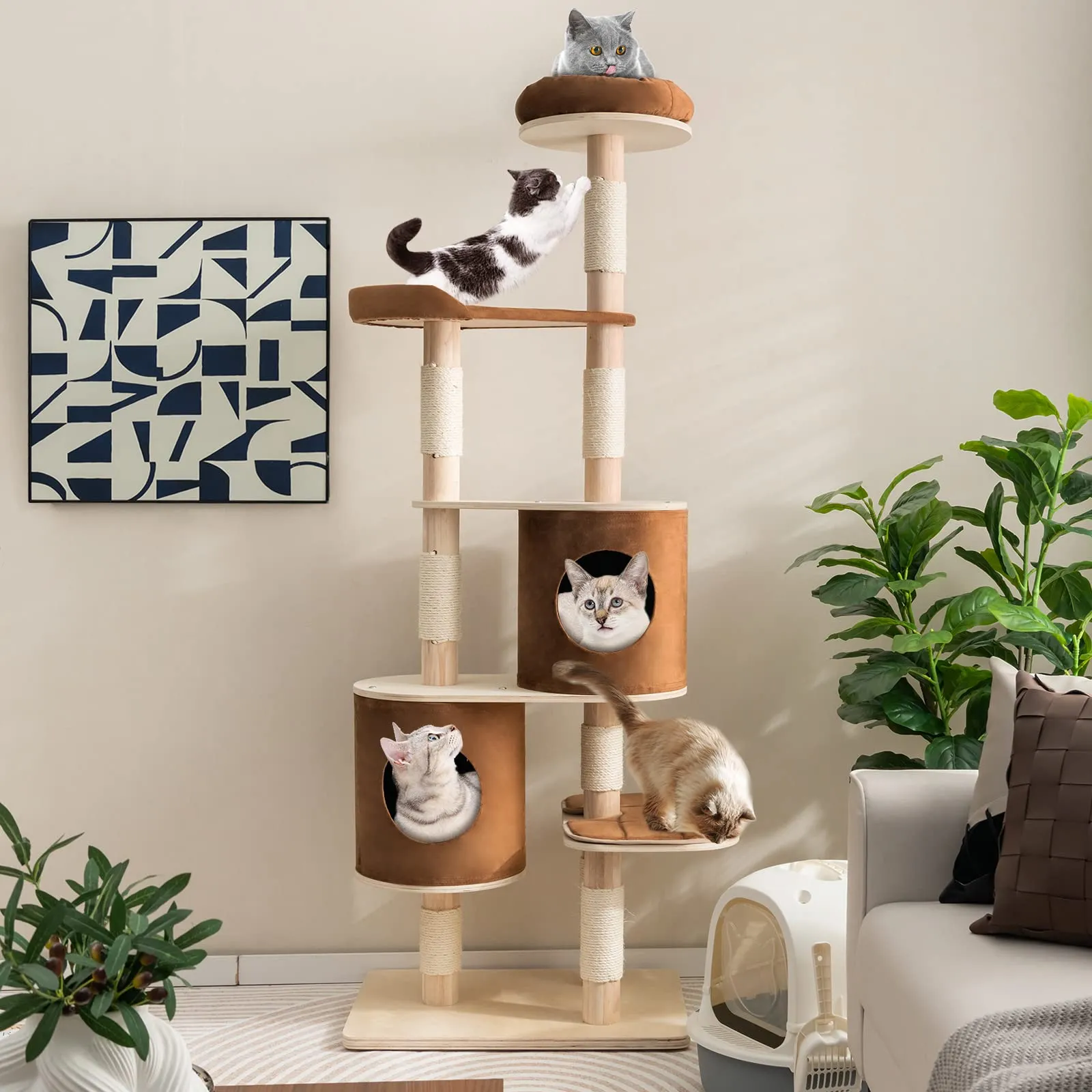 Tangkula 75 Inch Tall Cat Tree for Indoor Cats, Natural Solid Rubber Wood Cat Tower with Sisal Scratching Posts