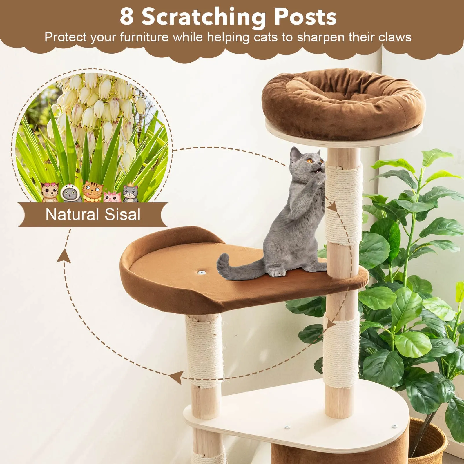 Tangkula 75 Inch Tall Cat Tree for Indoor Cats, Natural Solid Rubber Wood Cat Tower with Sisal Scratching Posts